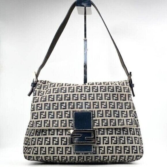 Fendi Mamma Zucca Bucket Baguette Navy Tan Flap Bag Purse Tote FF