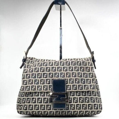 Fendi Mamma Zucca Bucket Baguette Navy Tan Flap Bag Purse Tote FF