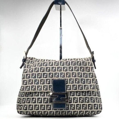 Fendi Mamma Zucca Bucket Baguette Navy Tan Flap Bag Purse Tote FF