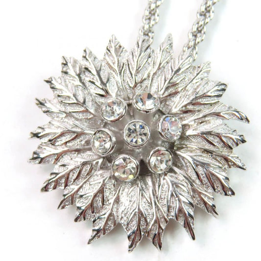 Christian DIOR Vintage Flower Design Pendant Necklace With Rhinestones Silver