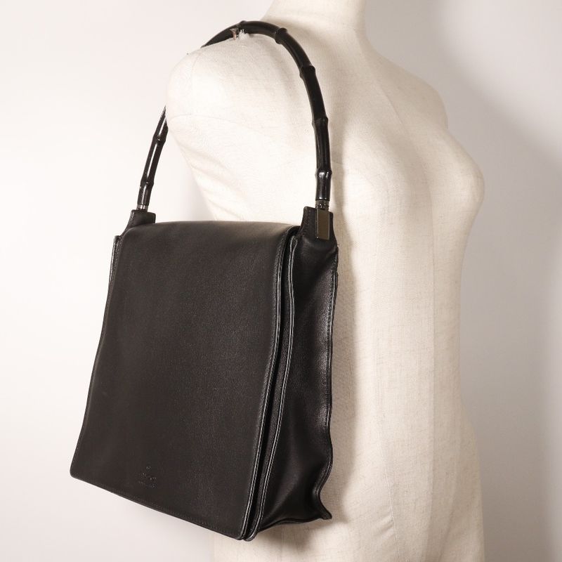 Gucci Bamboo 001 3243 200047 Calf Black Women Shoulder Bag
