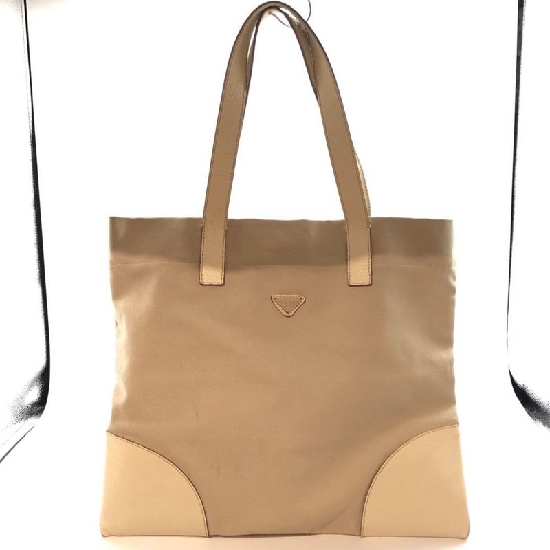 Prada Canvas Tote Bag Handbag Triangle Logo Leather Ivory Beige White Ladies