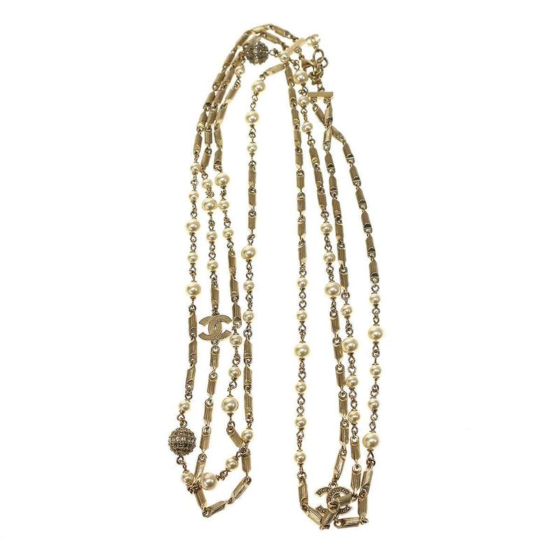 Chanel 2016 Faux Pearl Ball Coco Mark Long Necklace A16 Gold