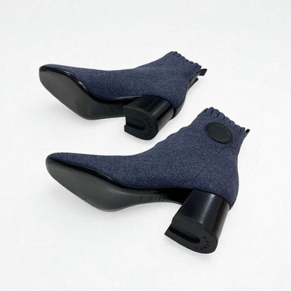 Hermes Volver Boots Short Shoes Knit Leather Blue Black Exlibris Sock