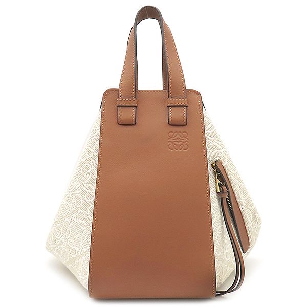 Loewe 2way Bag Hammock Bag Small Leather Jacquard Cotton Ecru and Tan Gold