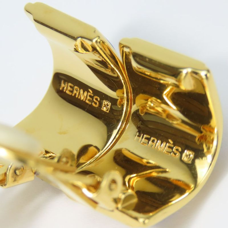 Hermes Earring Emile Feather Pattern Metal Cloisonne Blue Multicolor Plated