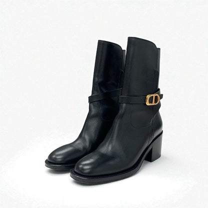 Christian Dior Empreinte Boots Short Shoes Leather Black Gold Belt Logo
