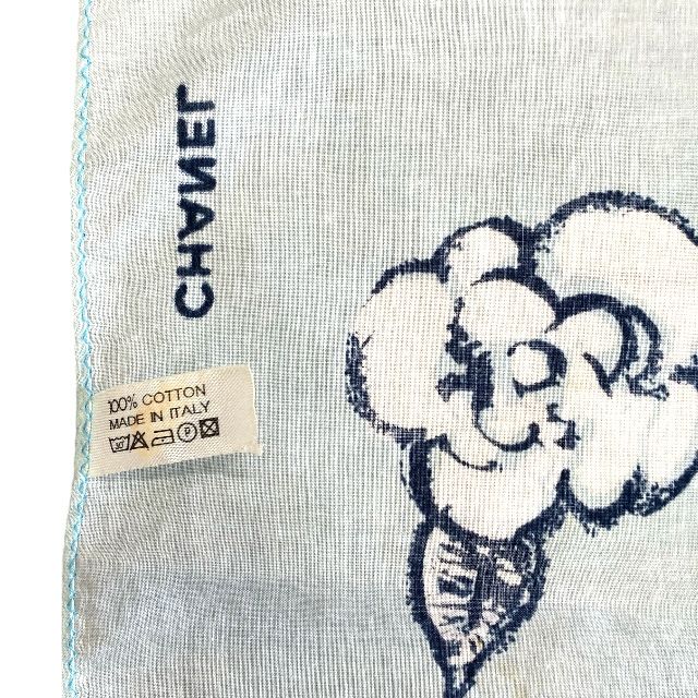 Chanel Scarf Handkerchief Bandana Camellia Logo Coco Mark Light Blue Black