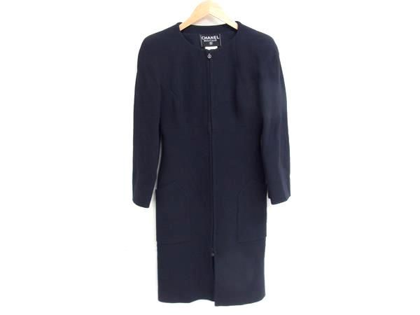 Chanel P09323 Coco Mark Wool Long Jacket Size 38 Clothing Women's Navy Fm0718