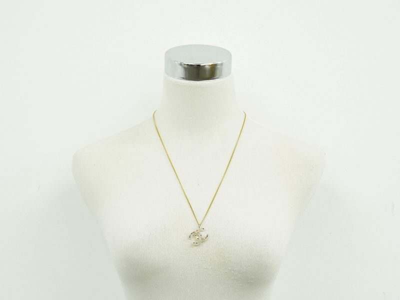 Authentic Chanel Coco Mark Rhinestone Necklace Pendant Plastic GP Gold Plated