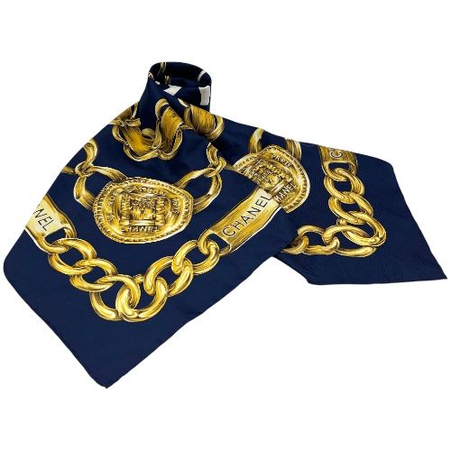 Chanel Scarf Navy Chain-patterned Silk Navy