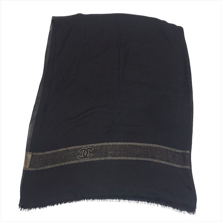 Chanel CC Logo Silk Large Shawl Scarf Pashmina Black Gold