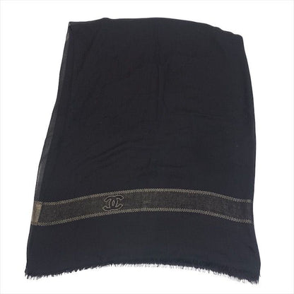 Chanel CC Logo Silk Large Shawl Scarf Pashmina Black Gold