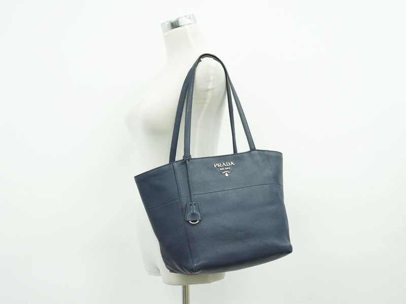 Authentic Prada Leather Shoulder Bag Tote Bag Navy 1bg202 Bag Pre-owned