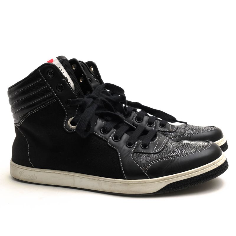 Gucci Shoes Sneakers Shoes High Cut Men Cotton Canvas Leather Black 254918