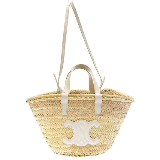 Celine Triomphe Pannier Raffia 2-Way Basket Bag Beige White