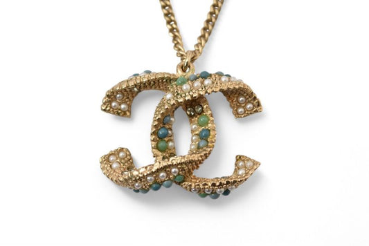 Chanel Necklace Pendant 2way Chanel Coco Mark CC Colored Stone Vintage Gold A15