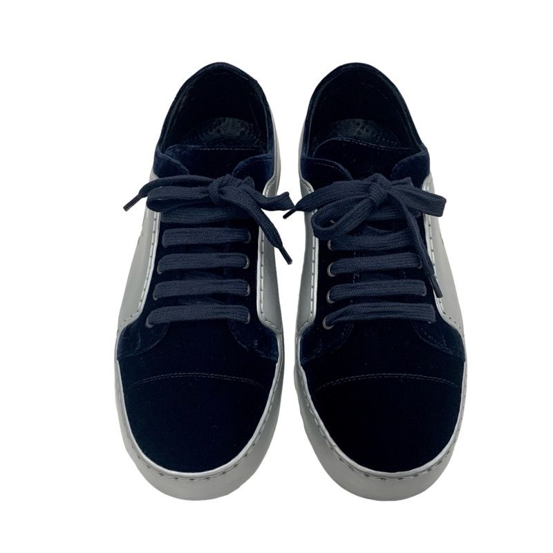 Chanel Sneakers Shoes Velor Leather Silver Navy Here Mark