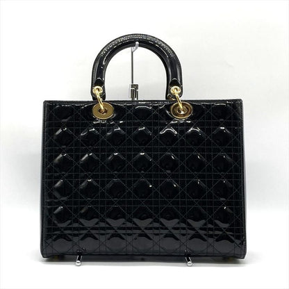 Dior Lady Dior Large Cannage Handbag Patent Leather Black Gold Hardware Women