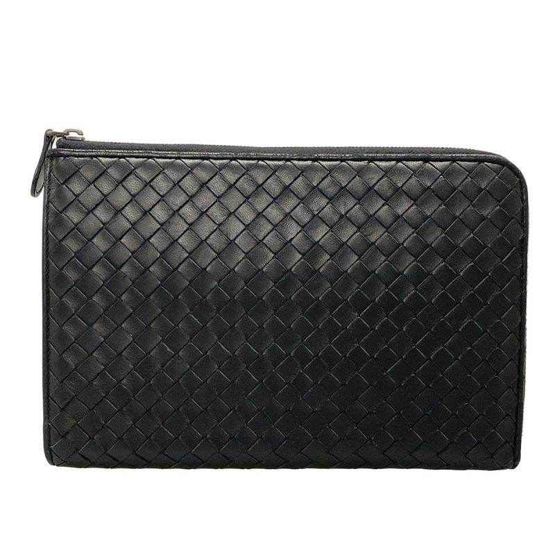 Bottega Veneta Intrecciato Black L-shaped Zipper Clutch Leather