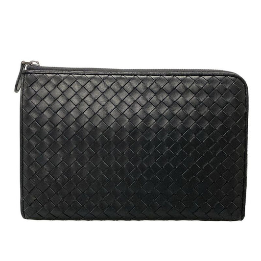 Bottega Veneta Intrecciato Black L-shaped Zipper Clutch Leather