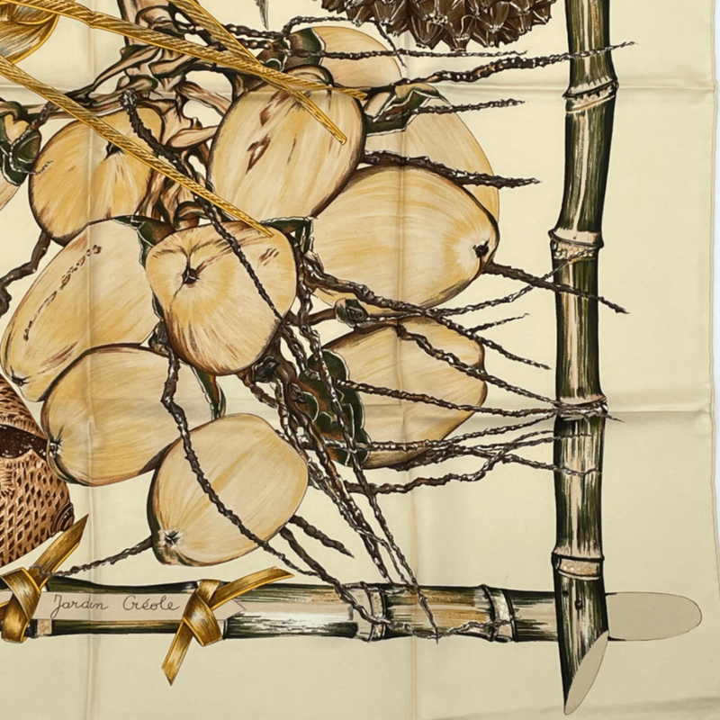 Hermes Carre 90 Jardin Creole Cles Or's Paradise Silk Scarf Beige And Yellow