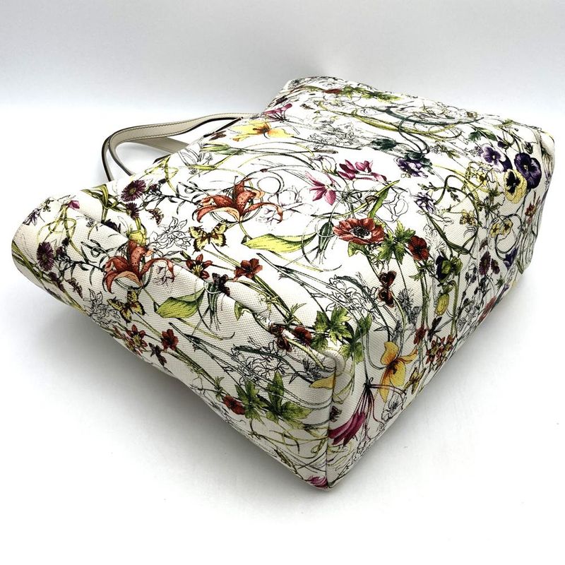 Gucci 282439 Tote Handbag Flora White Multicolor Canvas Leather Fashion Women