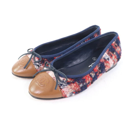 CHANEL Ballerina With Coco Mark Ribbon Leather Use Tweed Flat Pumps Multi 35.5