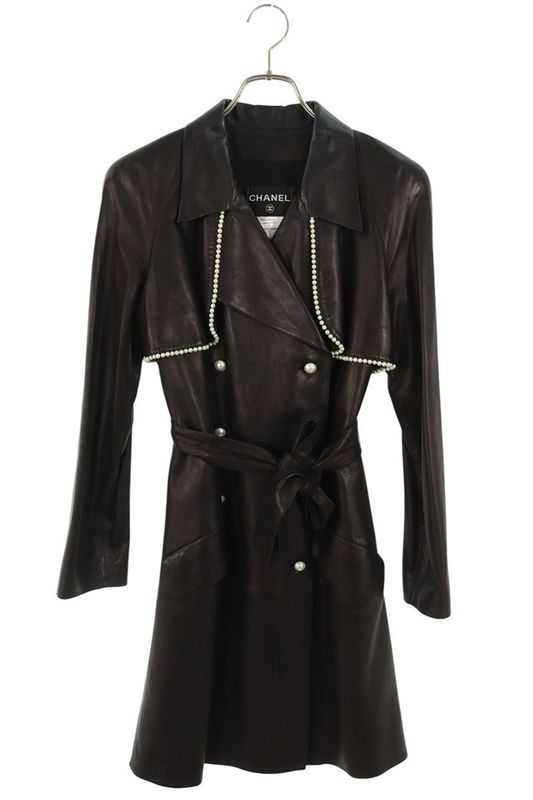 Chanel P36324c00095 Pearl Decorated Trench Leather Coat Ladies 40