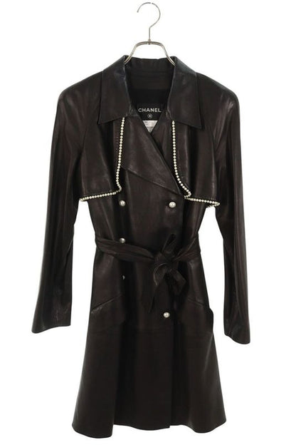 Chanel P36324c00095 Pearl Decorated Trench Leather Coat Ladies 40