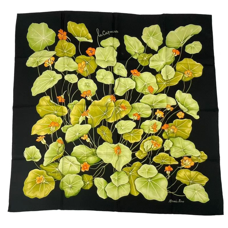 Hermes Carre 90 Silk Scarf LES Capucines Golden Lotus Flower Black