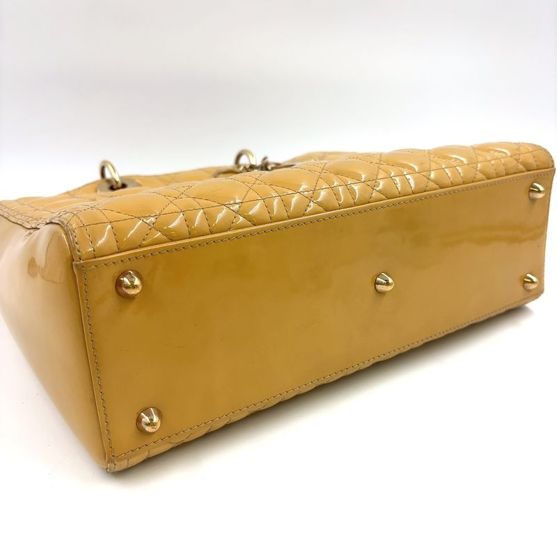 Christian Dior Canage 2WAY Shoulder Bag Enamel Leather Beige Handbag Gold
