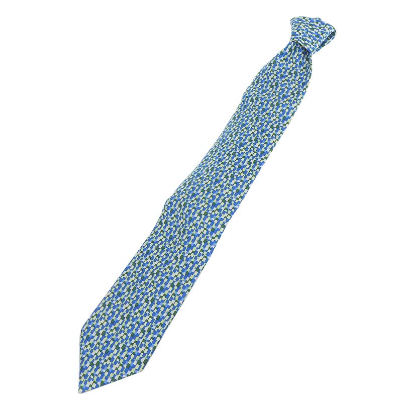 Hermes 5089 PA 100% Silk All-over Logo Print Tie Blue Green Multi Made In