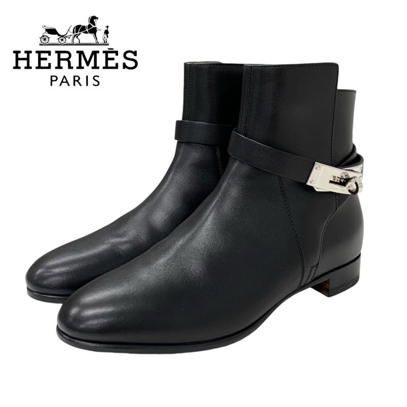 Hermes Neo Boots Short Boots Shoes Leather Black Silver Kelly Hardware