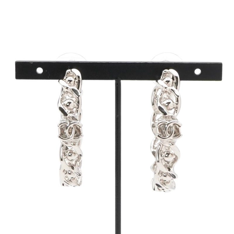 Chanel Earrings Earring Silver Coco Mark Hoop Earrings
