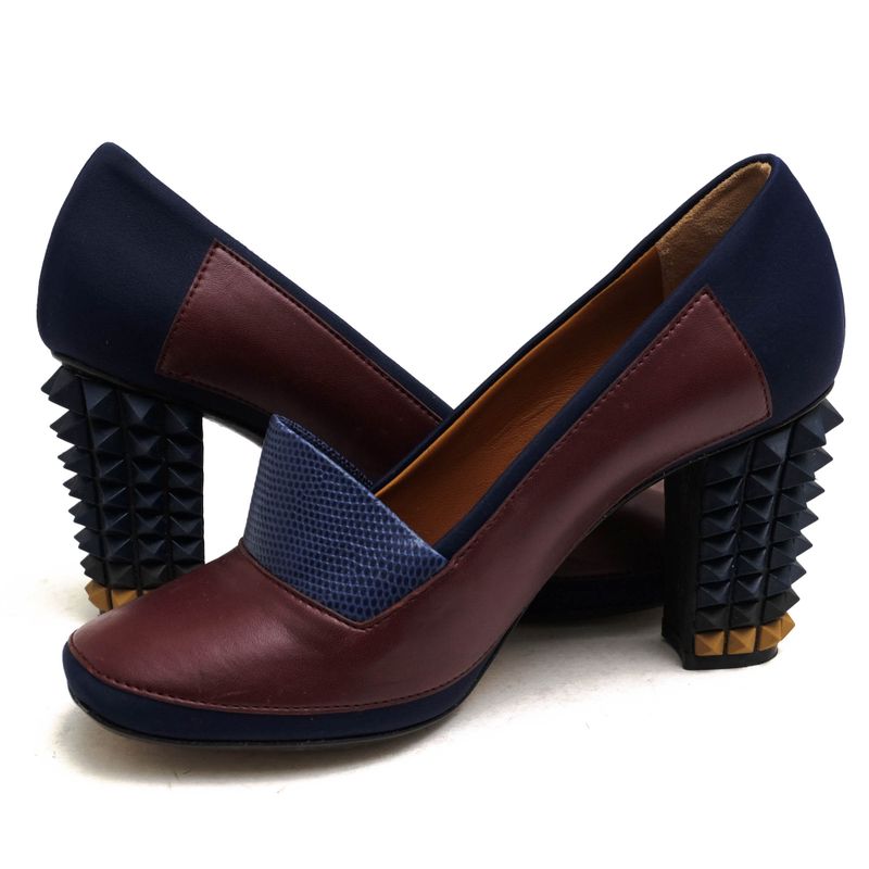Fendi Pumps Shoes Women Leather Navy Blue High Heels Bicolor Studded