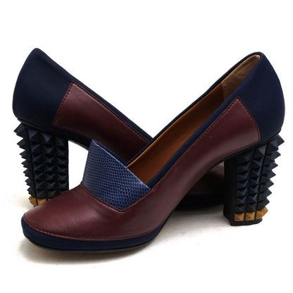Fendi Pumps Shoes Women Leather Navy Blue High Heels Bicolor Studded