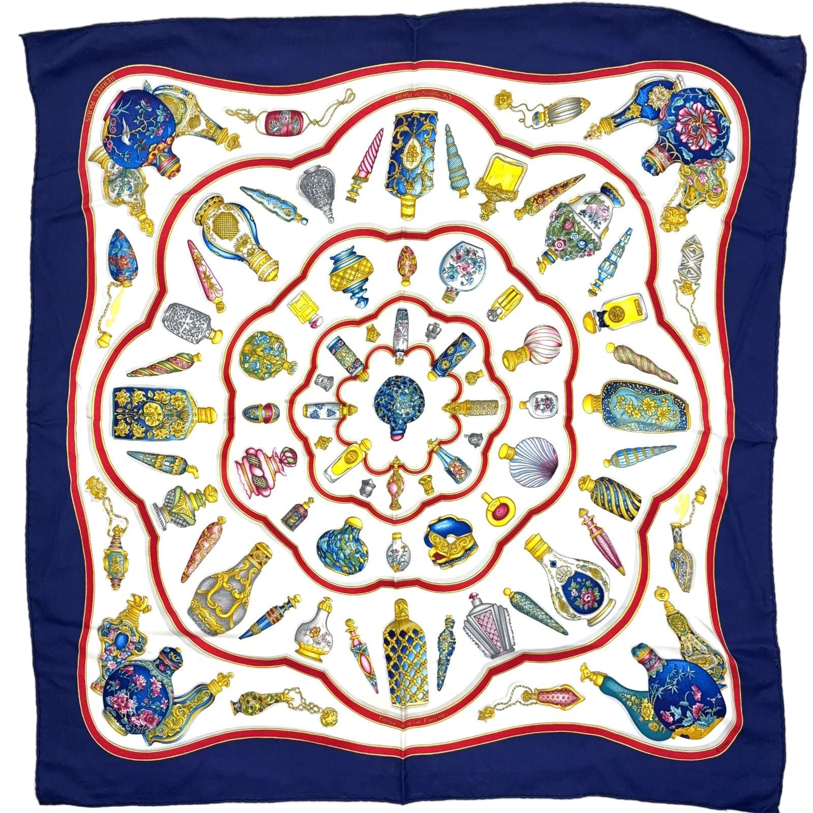 Hermes Carre 90 Perfume Bottle Pattern Silk Navy White Scarf