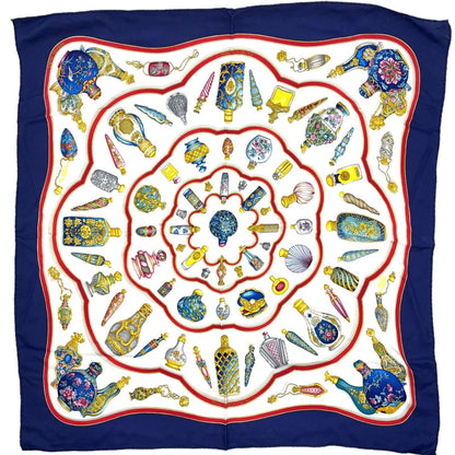 Hermes Carre 90 Perfume Bottle Pattern Silk Navy White Scarf