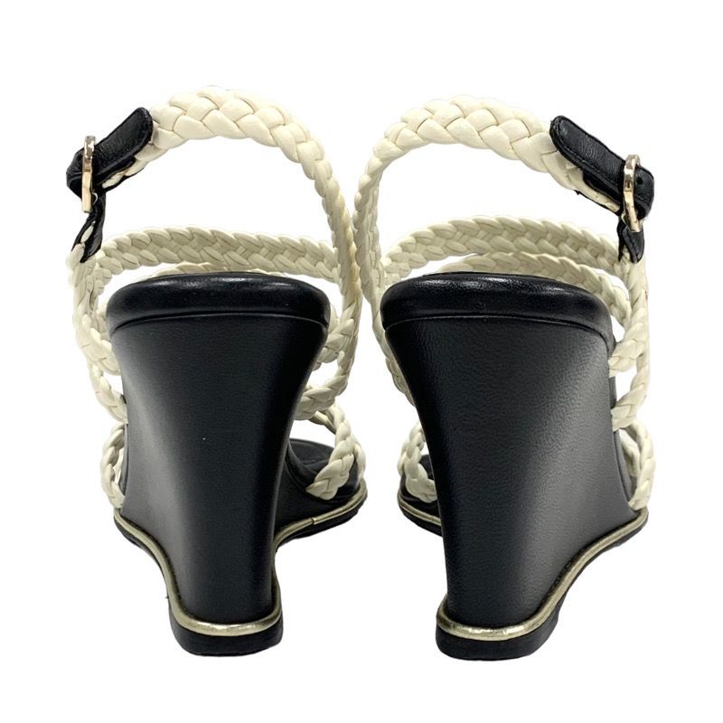 Chanel Sandals Shoes Lambskin White Black Coco Mark Braided Wedge Sole