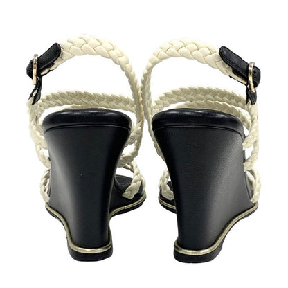 Chanel Sandals Shoes Lambskin White Black Coco Mark Braided Wedge Sole