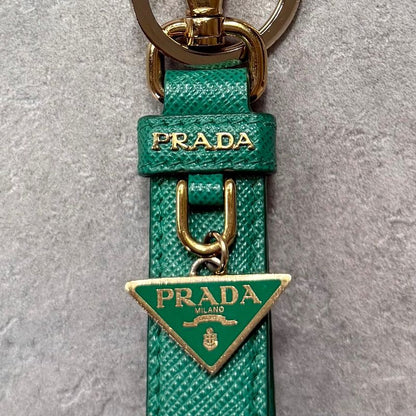 Prada Triangle Logo Plate Key Ring Key Holder Saffiano Leather 1pp142 Green