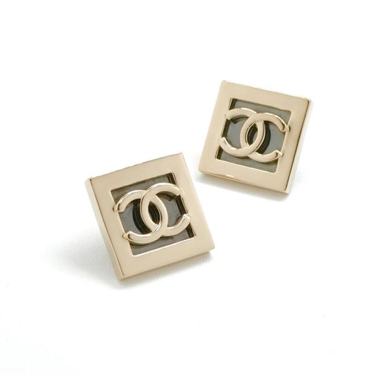 Chanel Earrings Earring Gold Dark Gray Coco Mark Square