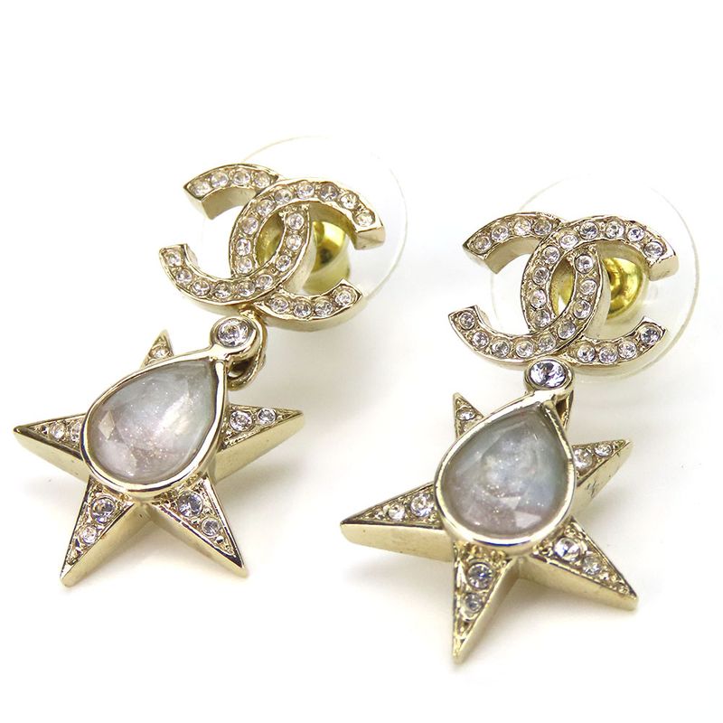 Chanel Earrings Coco Mark Metal Rhinestone Gold Plated Star Accessories Ladies