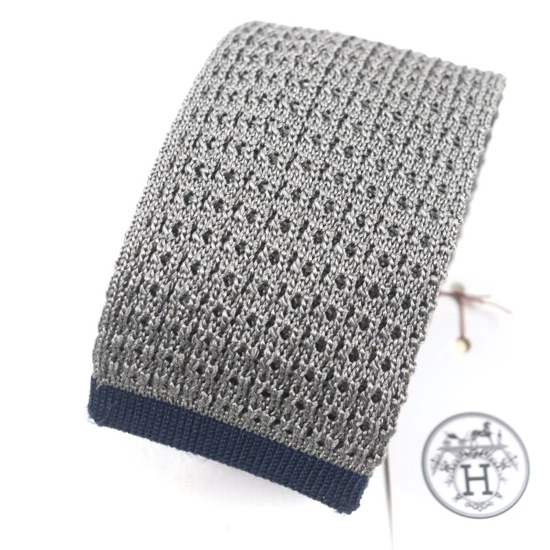 Hermes Cravate Tricot DE SOIE 100% Silk Etoupe/marine H Logo Embroidery Knit