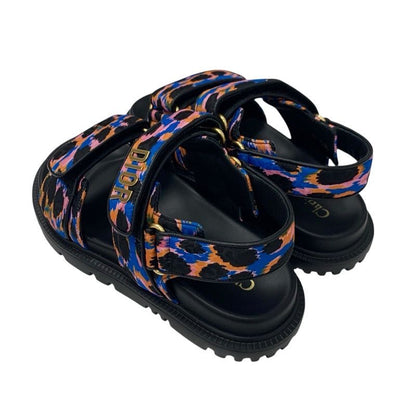 Christian Dioract Sandals Shoes Leather Black Multicolor Logo Velcro Strap