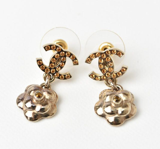 Chanel Earrings Logo CC Coco Mark Camellia Gold Orange