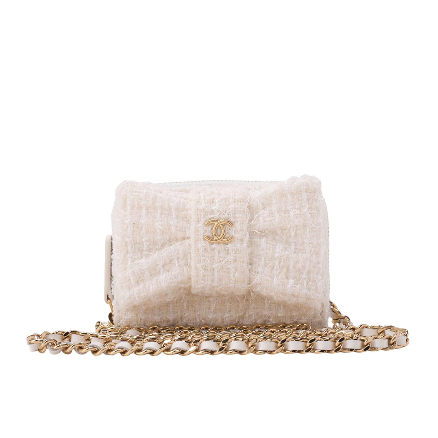 Chanel Mini Matelasse Chain Shoulder Ribbon Tweed White With Gold Hardware