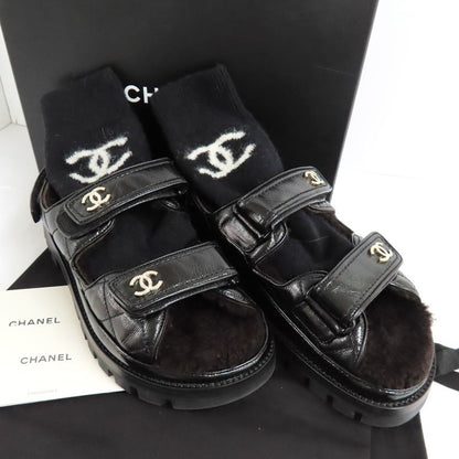 Chanel Sandals 23K G45291 Boa Rhinestone Coco Mark 38 Black Leather