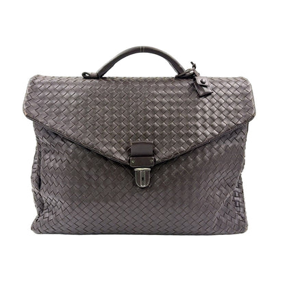 Bottega Veneta Intrecciato Leather Dark Brown Business Bag Silver